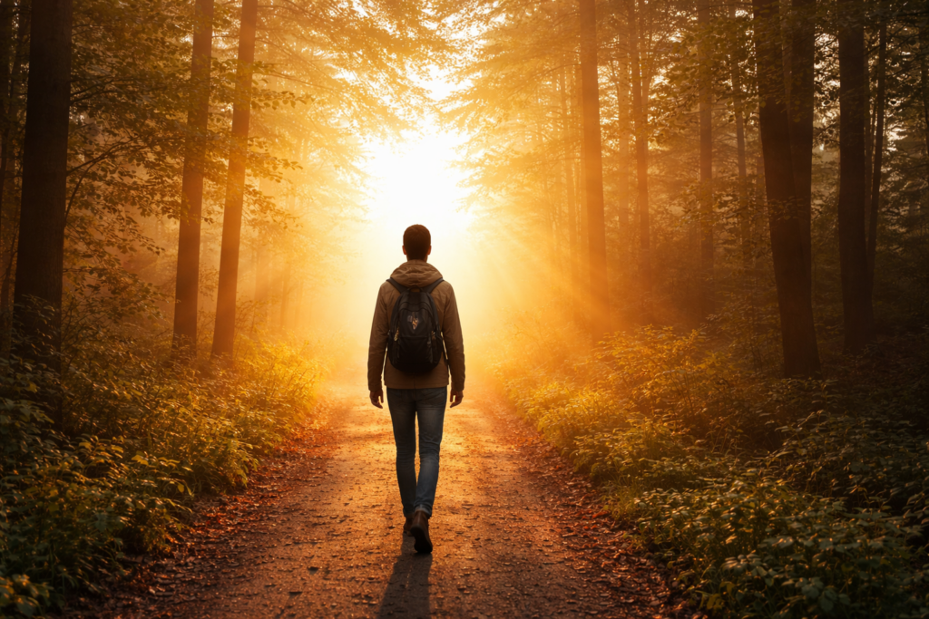 Persona caminando en silencio hacia la luz, imagen de abandono confiado